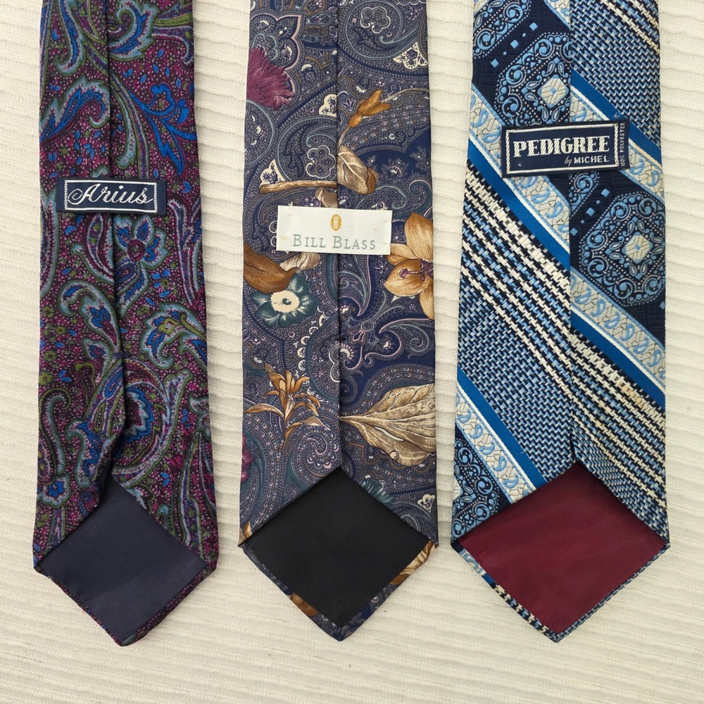 Mens Vintage Silk Tie Lot 3pc Bill Blass Arius Pedigree Paisley Geometric Blue